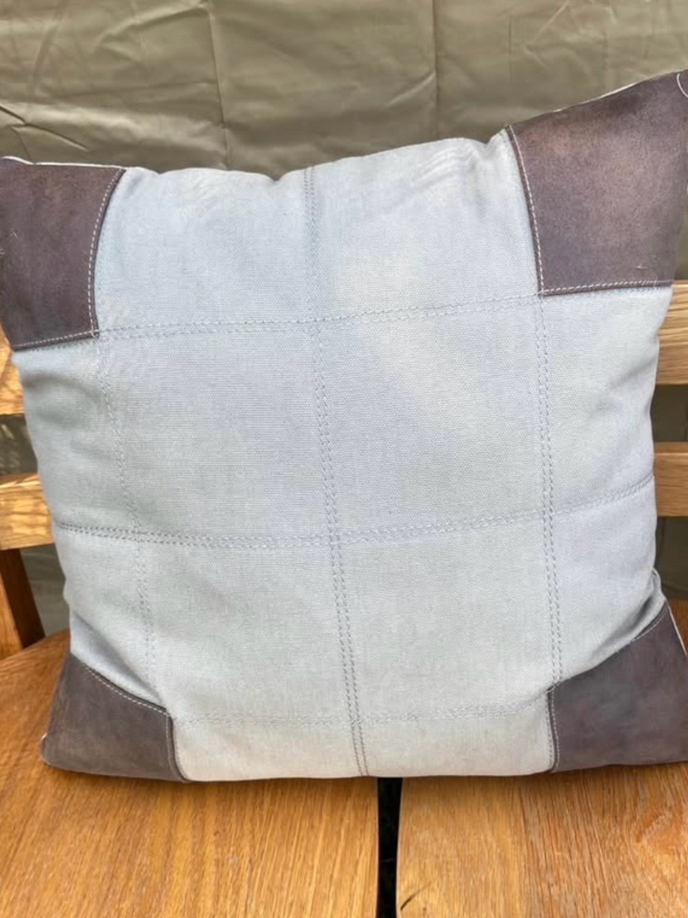 Tommy Hilfiger Gray Square Pillow with Brown Leather Corners